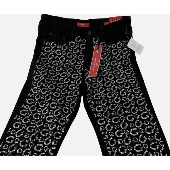 GUESS Women’s Black Rhinestone “G “Sexy High Rise Straight Fit Jeans 29x28 NEW - Picture 6 of 6